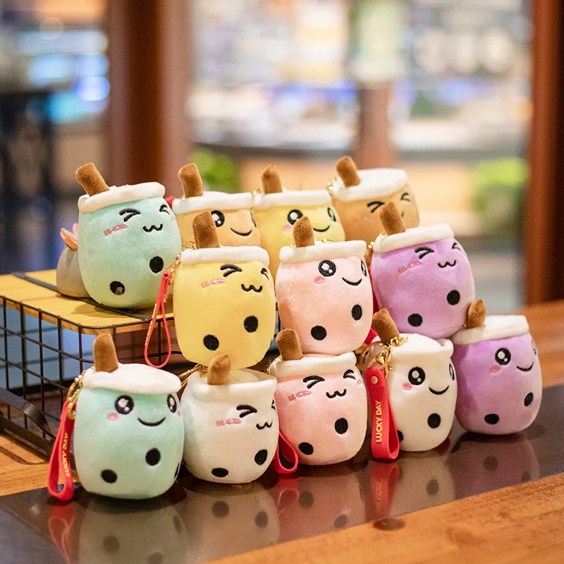 wholesale kawaii bubble tea plush 10cm mini milk tea cup plush toys bag pendant stuffed doll boba keychain gift