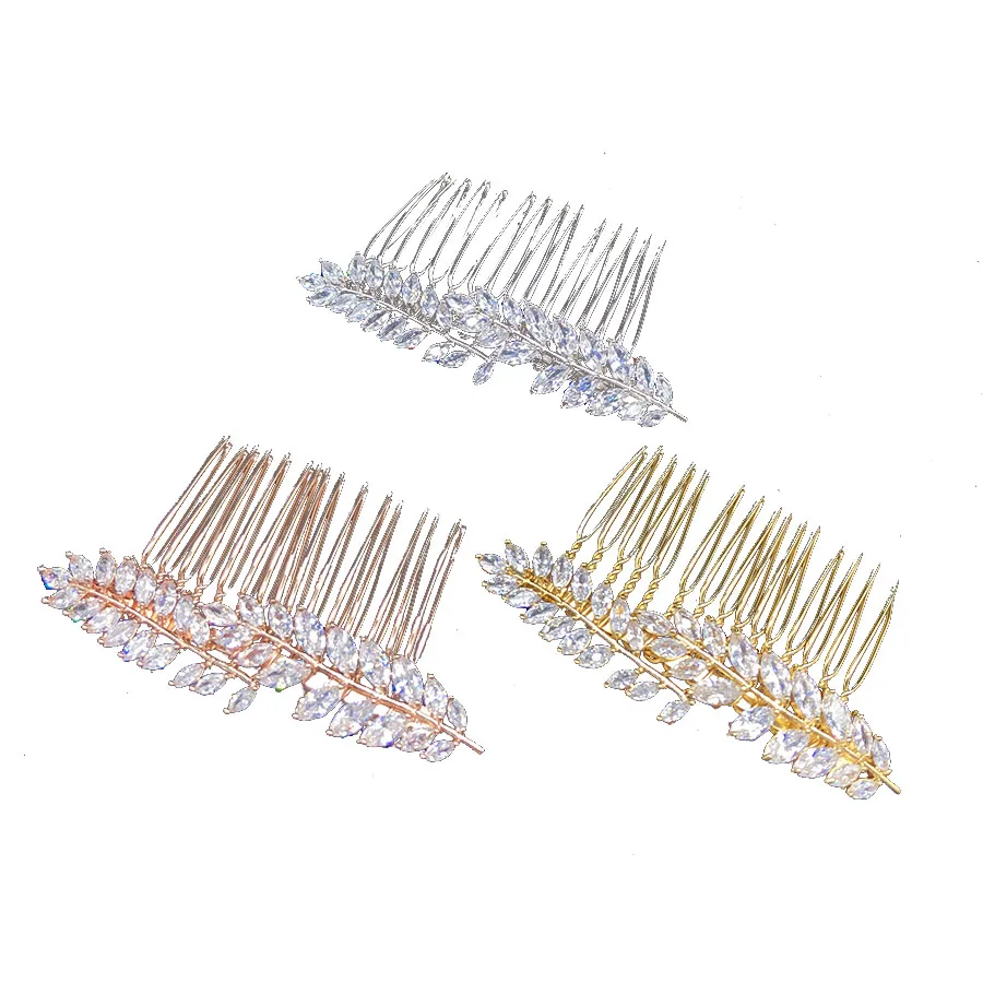 luxury zircon bridal hair accessories CZ stone wedding hair comb rose gold silver