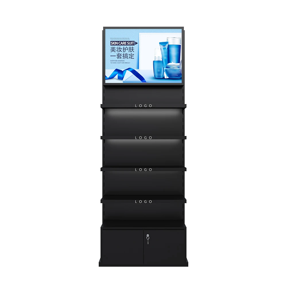Modern fashion brand cosmetics shop metal display black mdf melamine layers perfume shelves with lighting