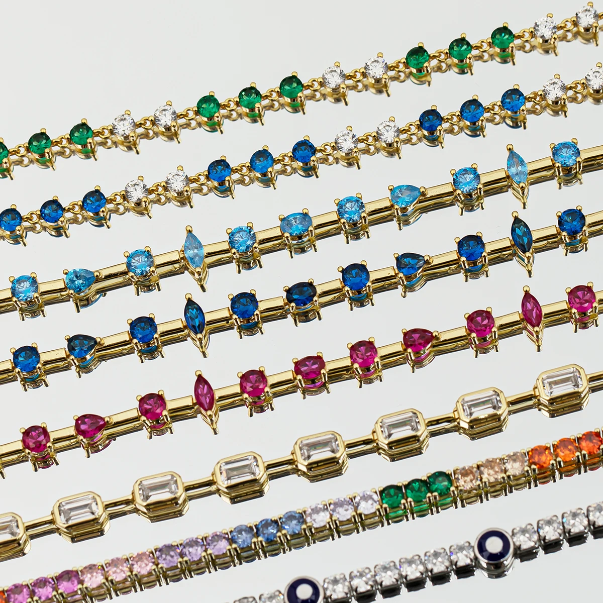 925 Sterling Silver 14K Gold Plated Women Jewelry Tennis Aquamarine Ruby Sapphire Color Gemstone Zircon Bracelet