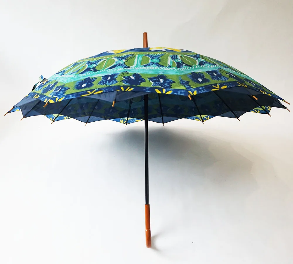 16 Ribs Straight Auto Open Double Layer Cheap Umbrella Customized Design With Silver Printing Leather Handle