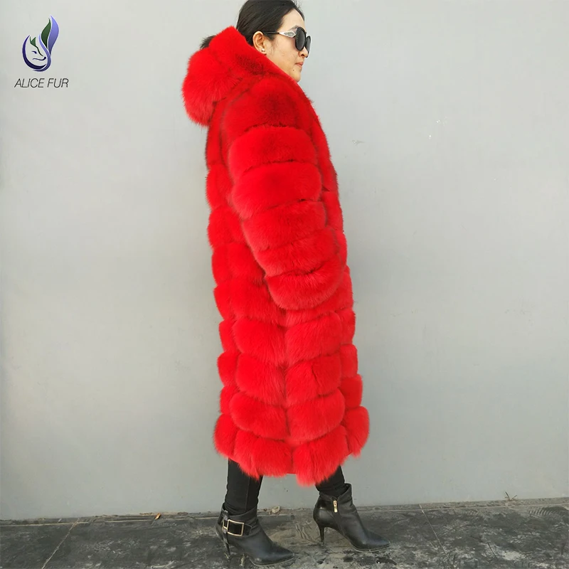 Hot Sell red color plus size long style clothes women winter animal fox fur coat girls with hood