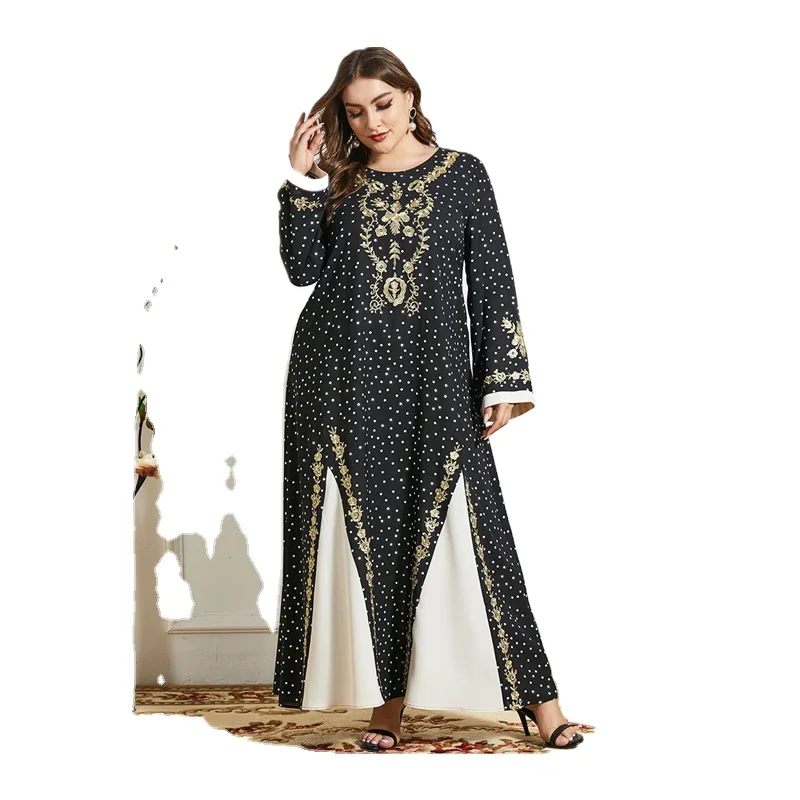 Платье женское с круглым вырезом, модное арабское Платье с принтом и вышивкой золотой нитью, контрастная строчка, длинный рукав, весна-осень