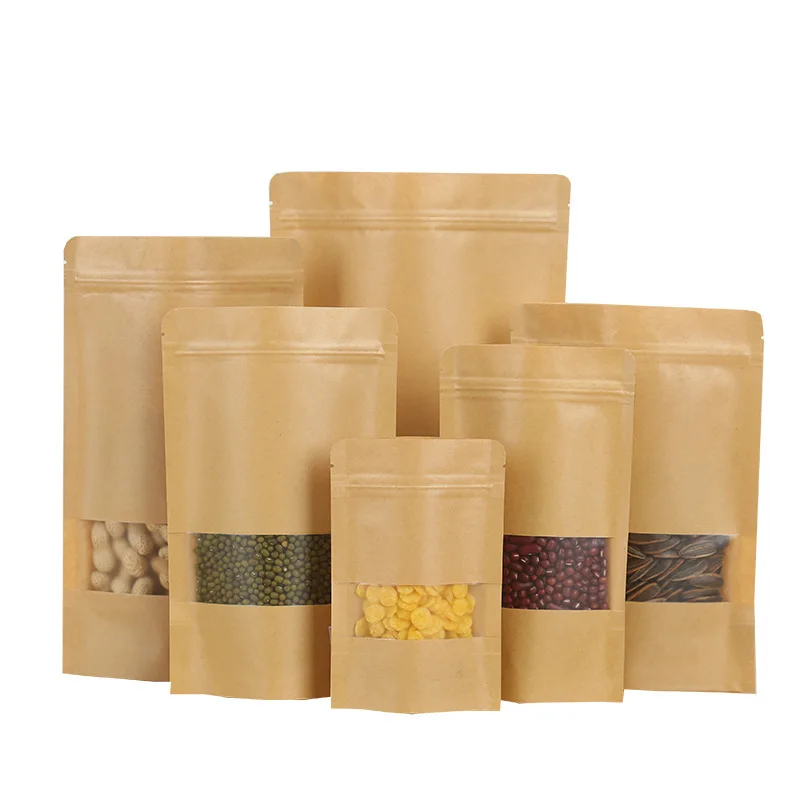 Custom Logo Printed Brown Kraft Paper Bags with Window Reusable Dry Food Coffee Storage Bags