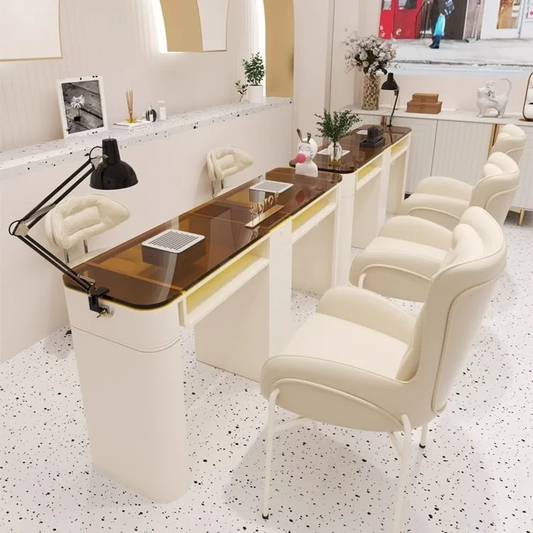 Modern style manicure table and chair set grey glass top guangdong nail tables with vent for sale