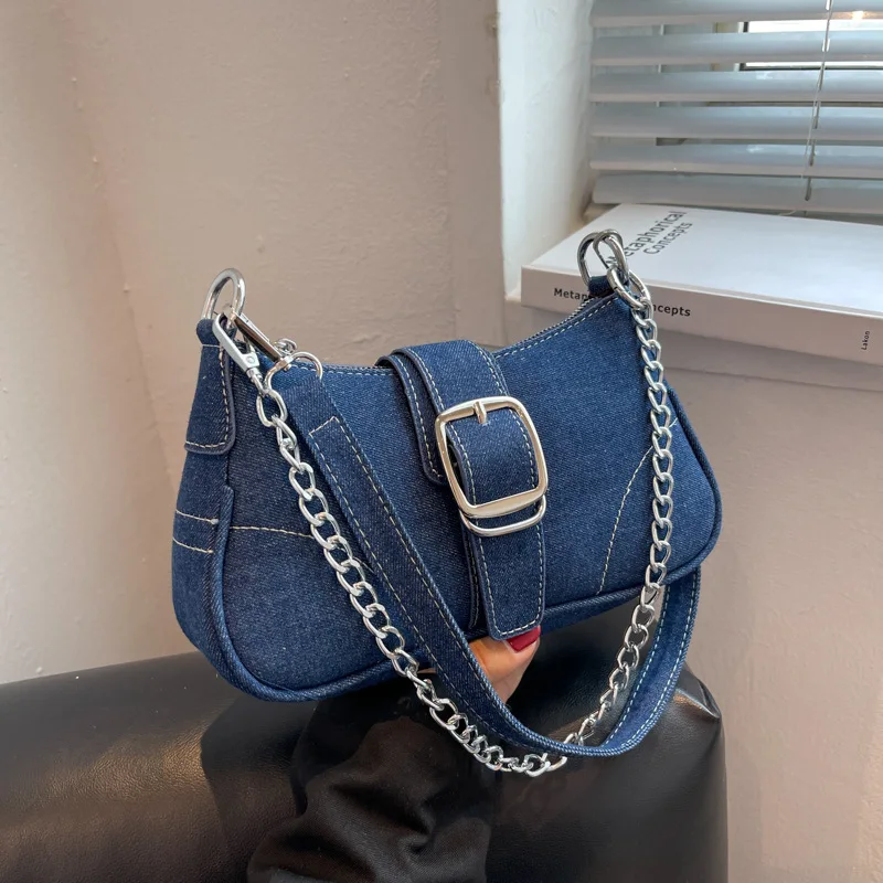 Women New design Factory Luxury Fashion Style Jean Shoulder handbag Chain Handle PU Leather Saddle Bag