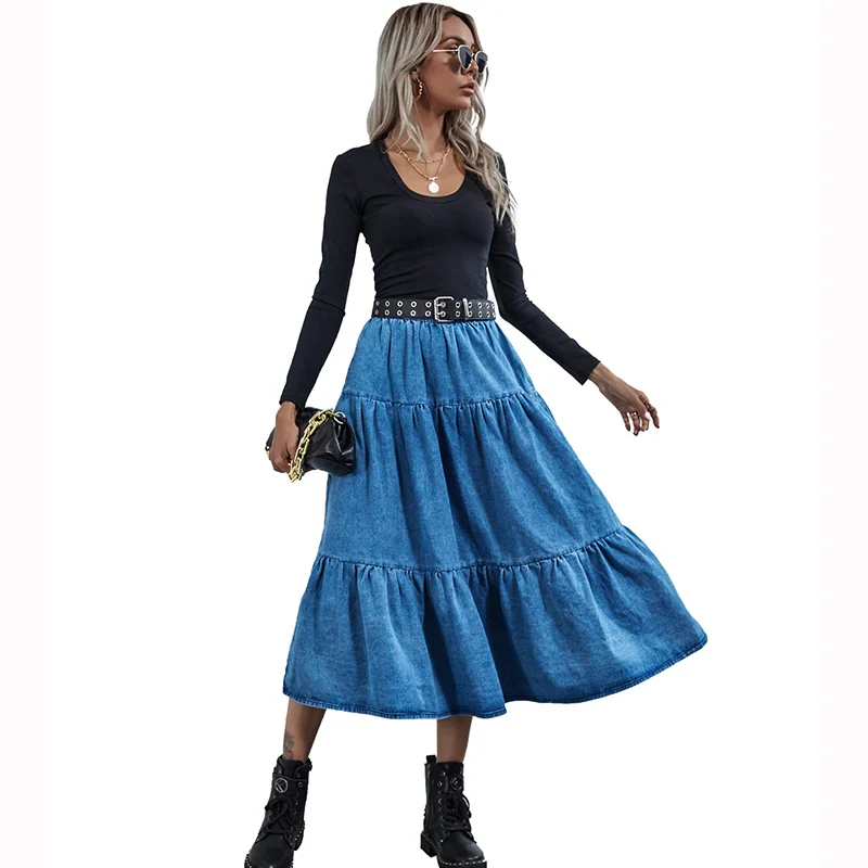 INS Fashion High Waist Loose Big Skirt Hemline Long Dress A-line Casual Solid Blue Ruffle Denim Frill Skirt For Women Girls