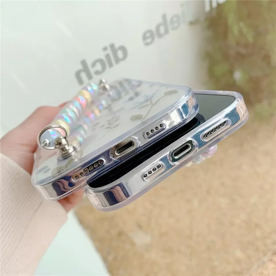 Жесткий чехол-накладка с жемчужными цепочками и браслетом на запястье для IPhone 13 11 12 Pro Max цветочным