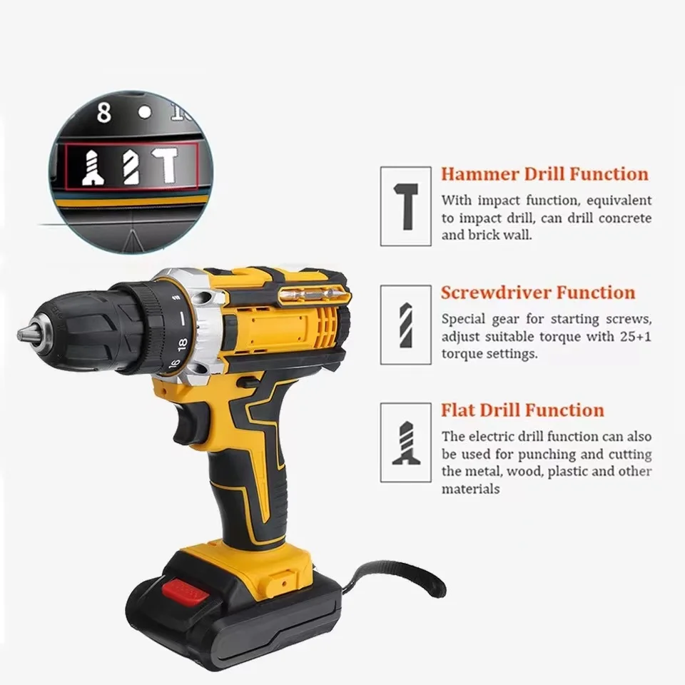21V industrial household multifunction electric lithium battery impact drill cordless handle portable cordless drills