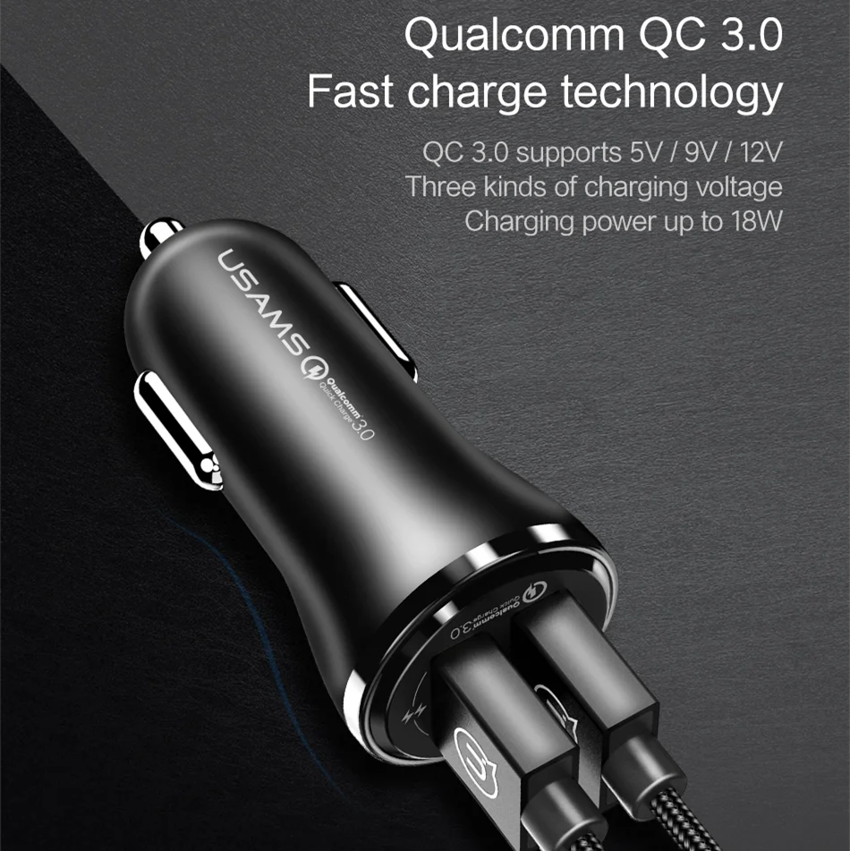 
USAMS US-CC028 QC 3.0 USB Cargador 2.4A 18W Power Delivery Cheap Dual Ports Adapter ABS Car Charger for Android 