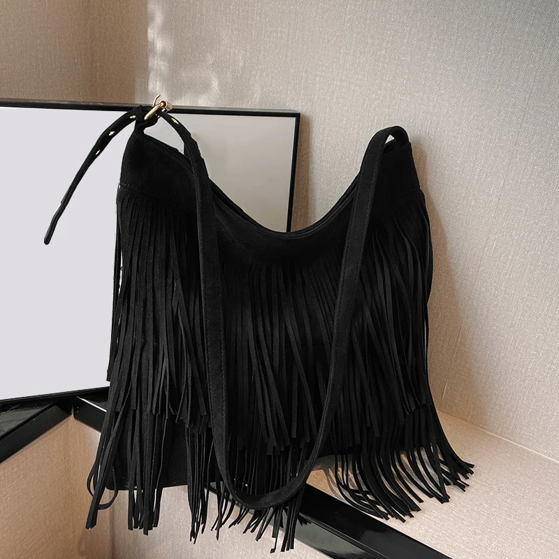 Women Vegan Suede Fringe Tassel Shoulder Purses Messenger Bag Hippie Cross Body Leisure Hobo Tote Bag