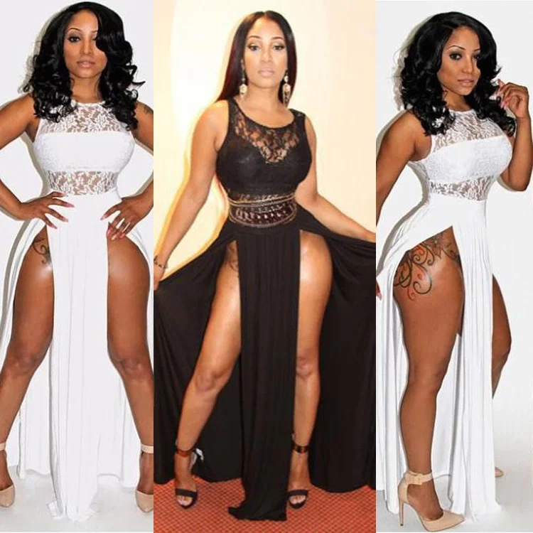 J&H fashion high waist sleeveless lace dress with double slit ladies sexy elegance evening dress