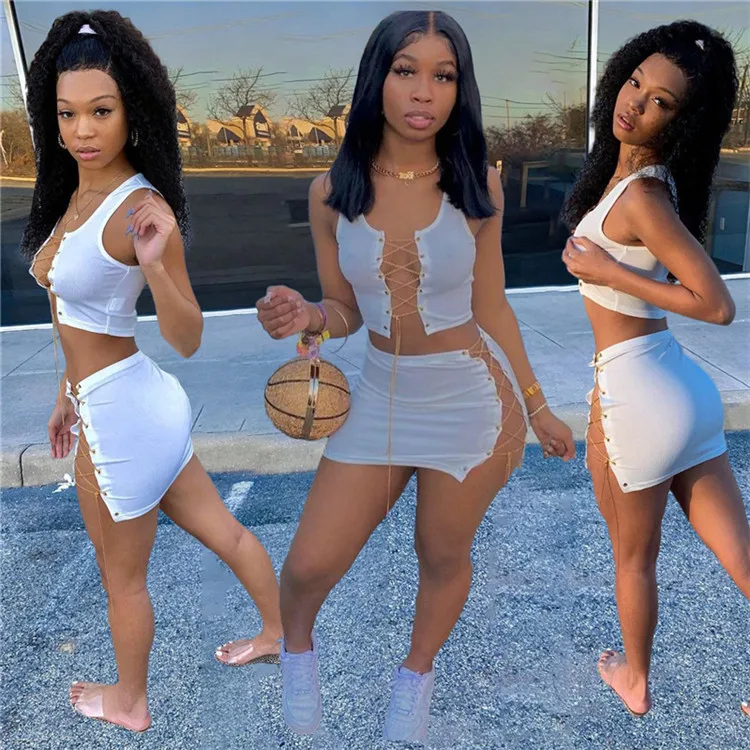 Summer 2021 New Women Fashion Sexy Bandage Chain Crop Top And Mini Skirts Two Piece Set Outfits