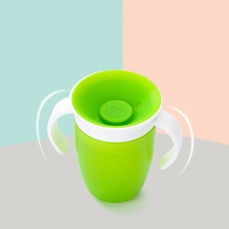Double rotation handles silicone safety material miracle 360 degree leak-proof baby kids trainer water drinking cup bottle