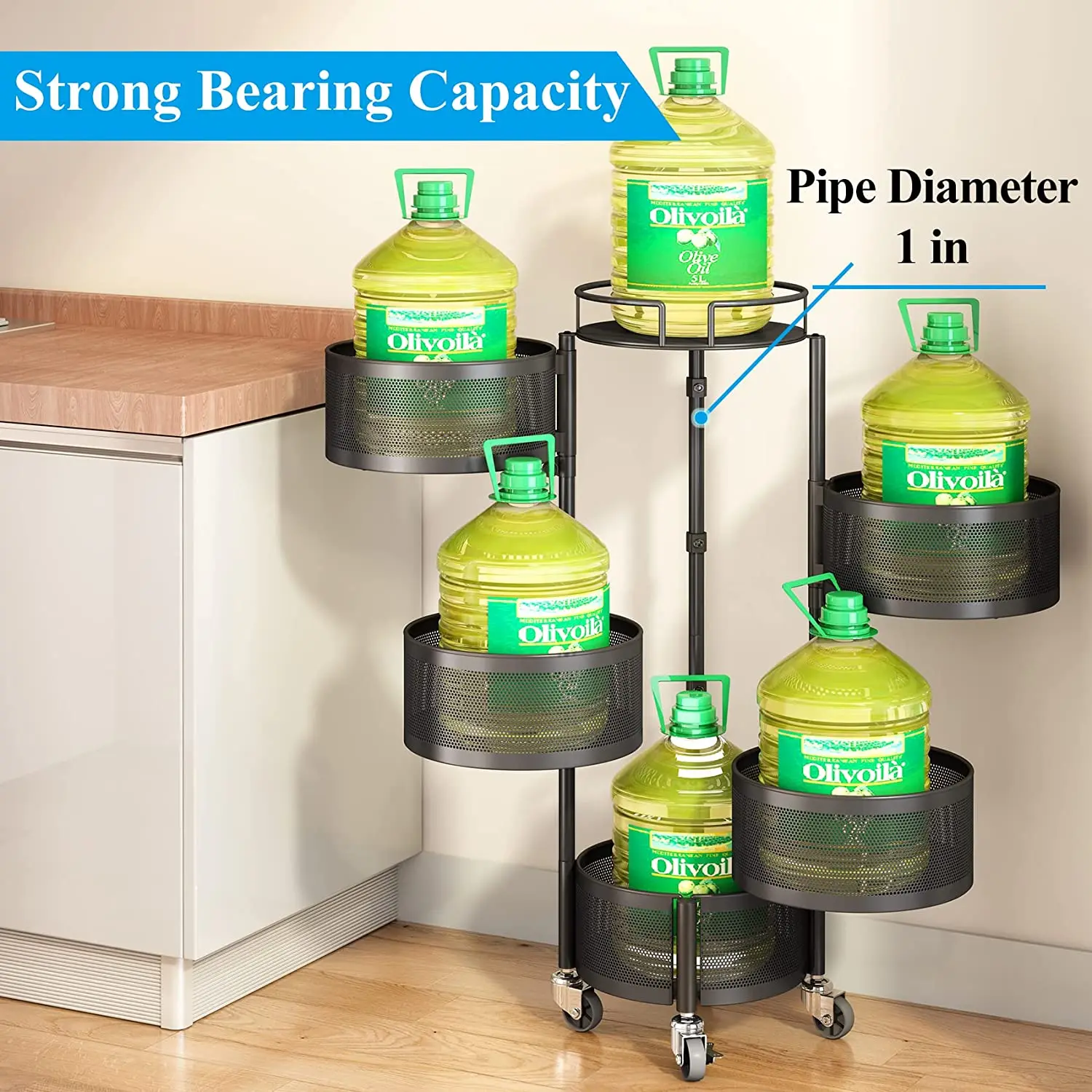 Fruit Vegetable Basket for Kitchen Rotating Storage Rack 5 Tier Rolling Cart Basket with top lid Large Metal Wire Basket