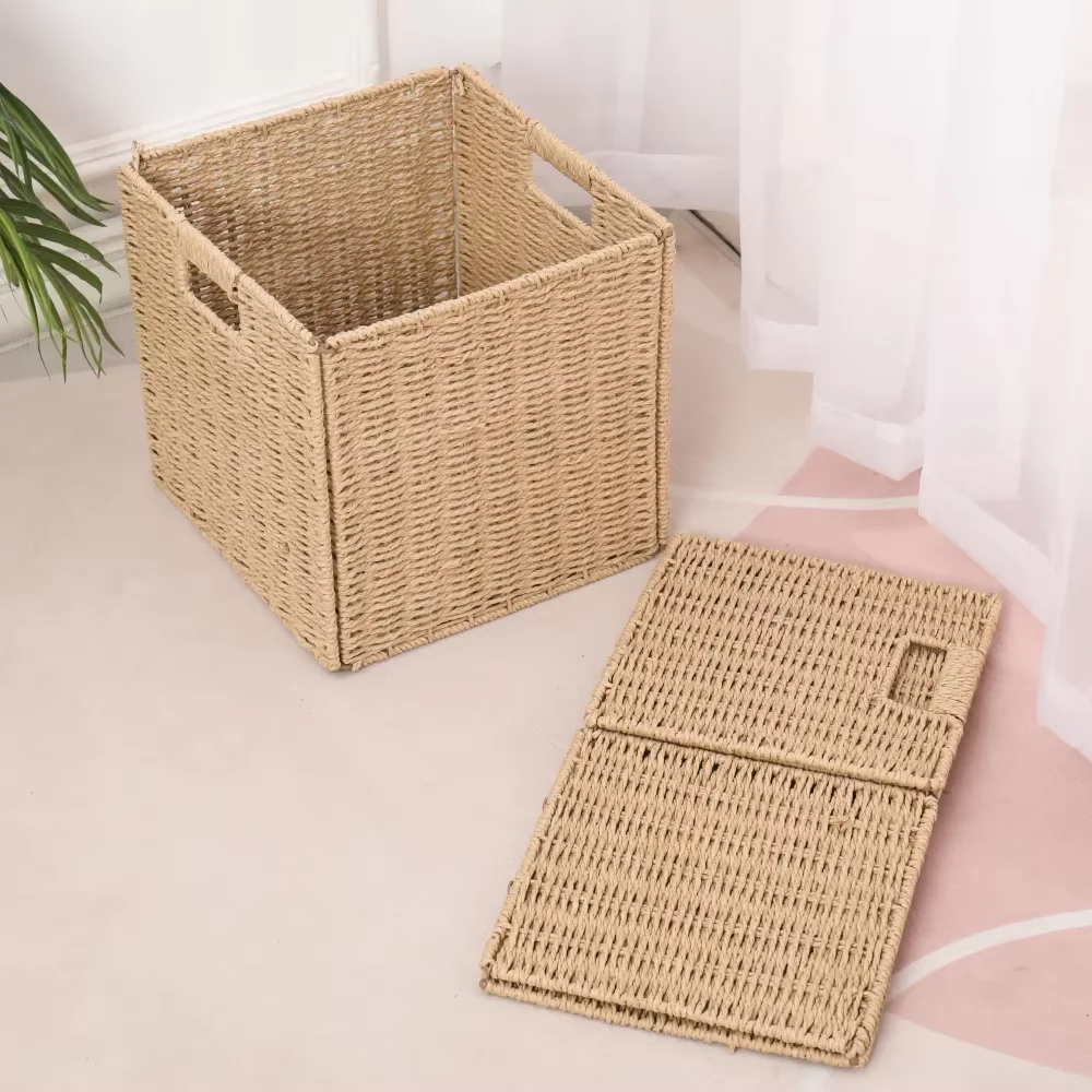 Wholesale Foldable Storage Basket Hand-Woven Paper Rope Wicker Basket Laundry Clothing Shelves Durable Plastic Fabric Cloth