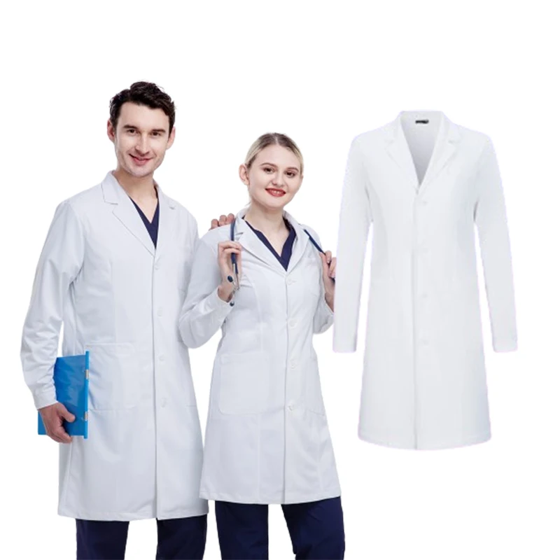 Custom LOGO Men And Women Medical Uniform White Lab Coat With Notch Collar Long Sleeve Doctor Gown Hospital Surgical Robe