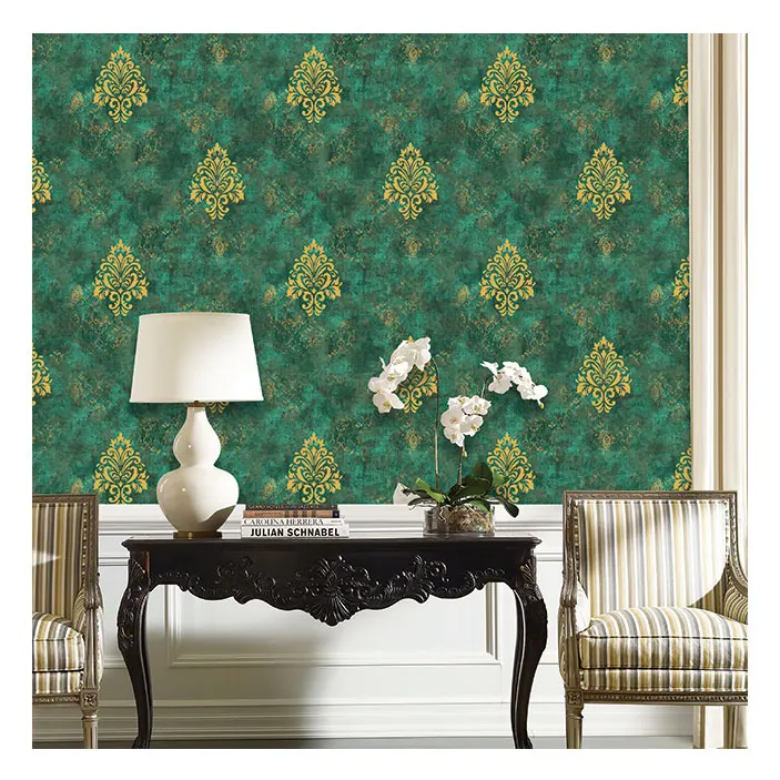 Green Color 3D European embossed wallpaper bedroom living room dining room wallpaper hotel luxury three-dimensional wallpaper
