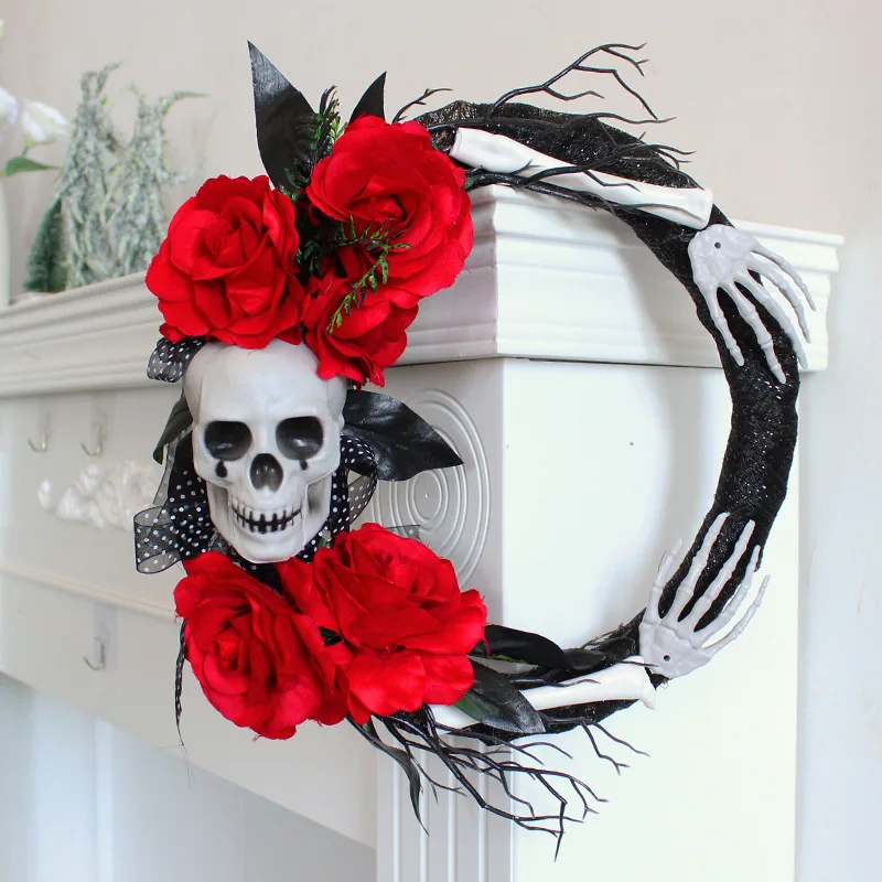 Halloween Skeleton 16 Inch Red Rose Ghost Handmade Garland Halloween Festival Party Venue Scary Props Decorated Rattan Wreath