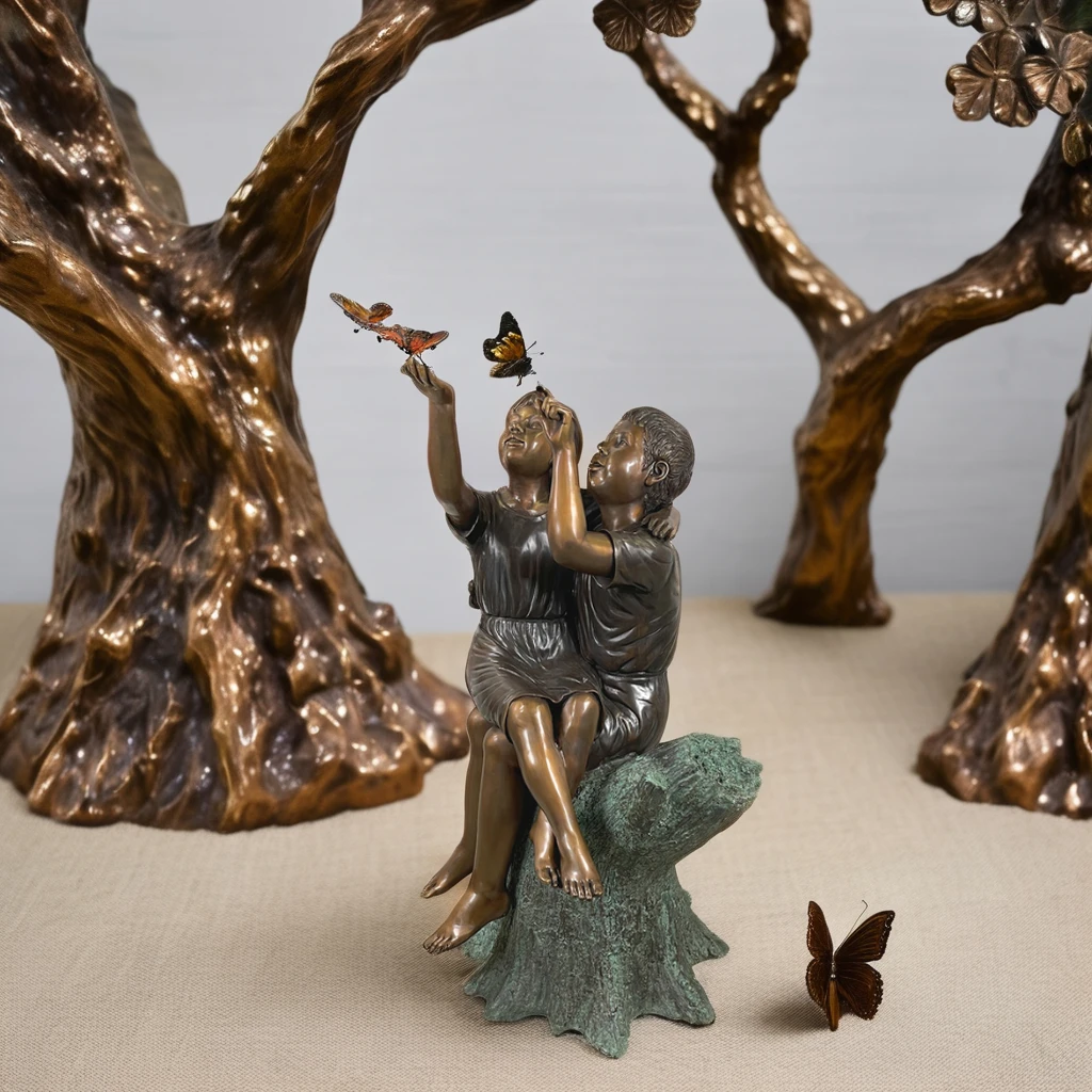 factory wholesale metal kids bronze sculptures Bronze Children on Log with Butterflies Sculpture for sale