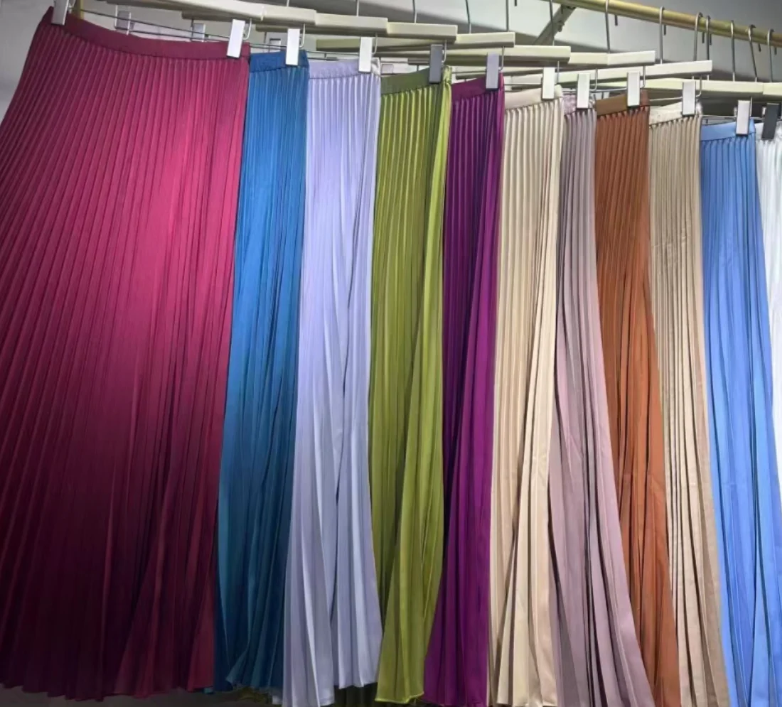 2024 Long Pleated Skirt Women Summer Elegant Plain Korean Casual Simple Temperament High Waisted Midi Skirts