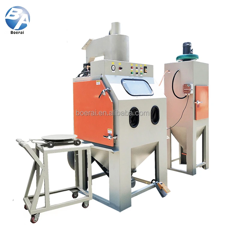 Cyclone sand blasting machine is equipped with turntable table and manual car, for mold and auto parts sandblasting