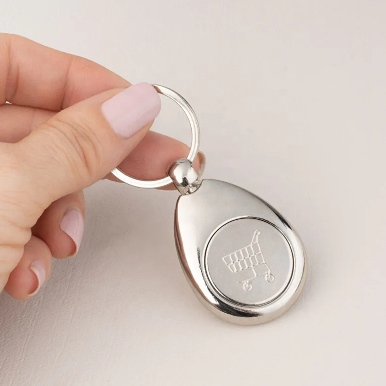 Custom Logo Round Supermarket Metal Shopping Cart Pound Key Chain Keychain Trolley Coin