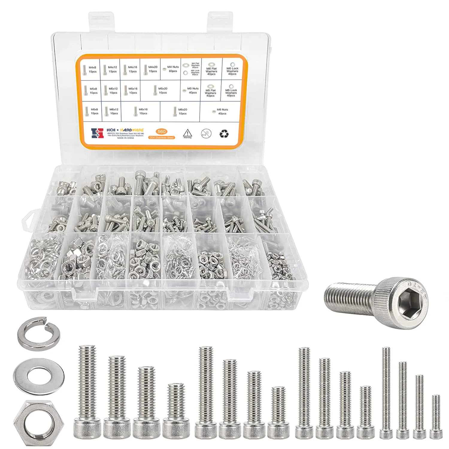 M6 M5 M4 Nuts and Bolts Assortment Kit, Stainless Steel Metric Assorted Machine Screws Set Allen bolt Hex Socket Head with Flat