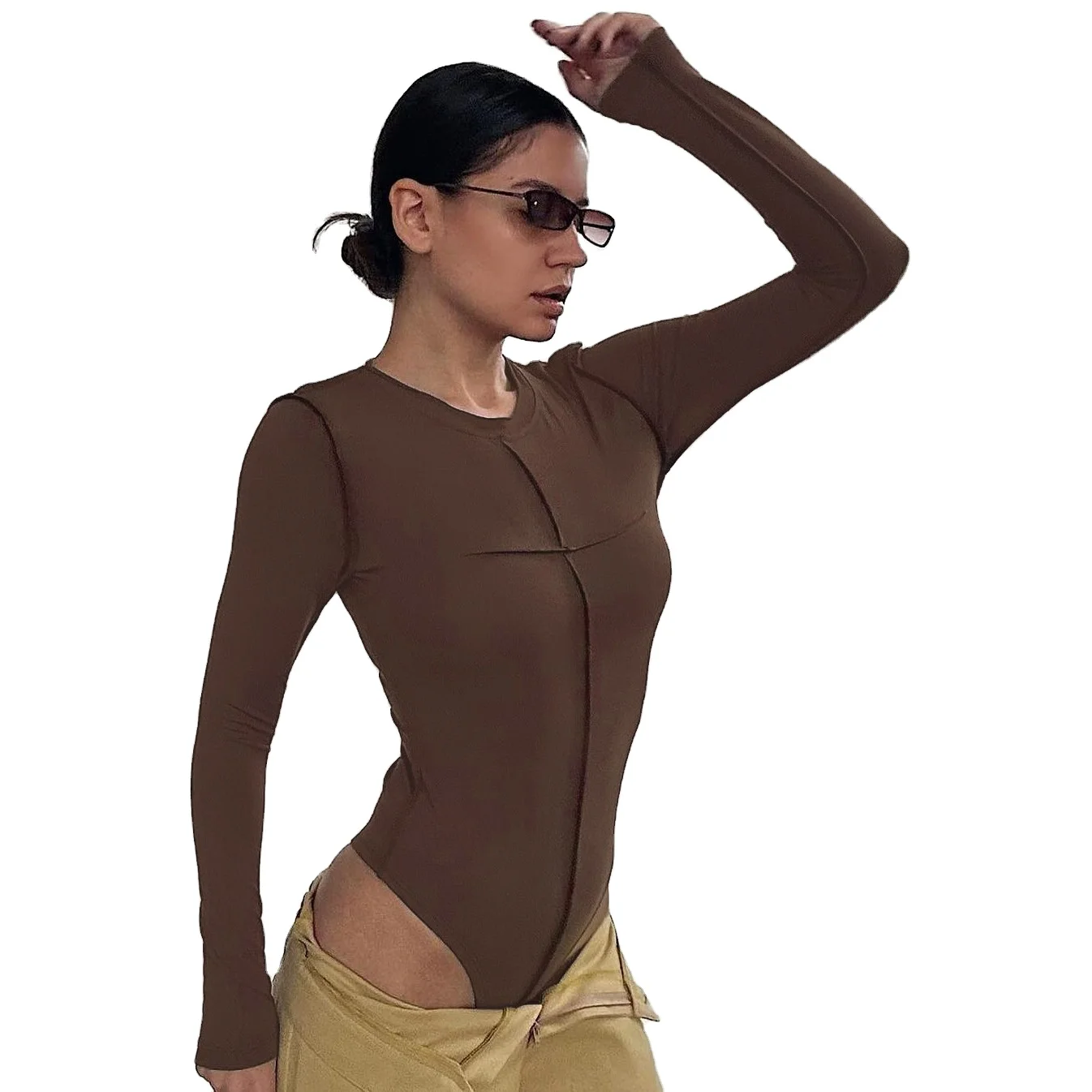Wholesale Fashion special design solid color slim-fit long sleeve bodysuit women all-match basic sports shirt