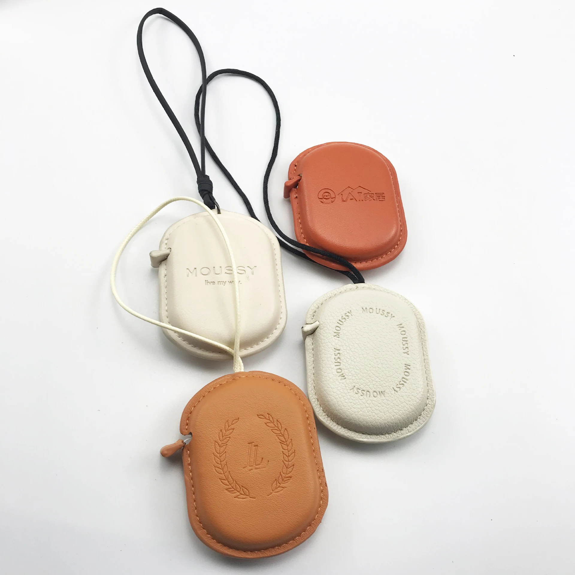 Custom white black brown leather cover oval shape measuring tape 1.5 Meter with handing loop