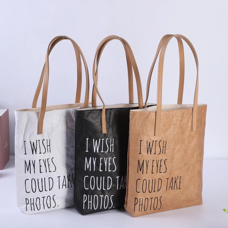 Washable Tyvek Kraft Paper Shopping Bag Single Shoulder Handbag Paper Tote Bag With Canvas Lining
