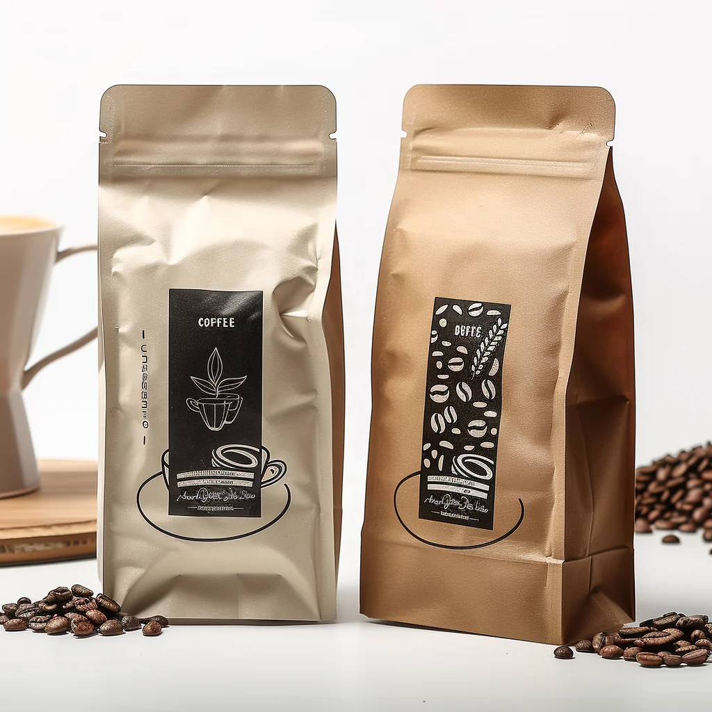 Custom Printed Compostable Paper Empty Caffe Packaging Pouch Flat Bottom Stand Kraft Coffee Bag with Valve Zipper for Beverages