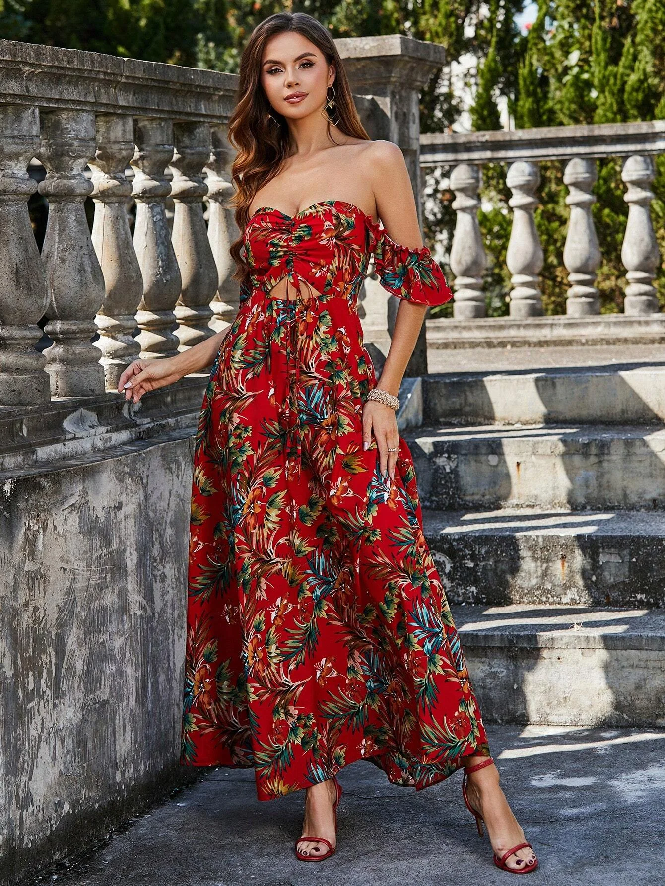 Double Crazy Floral Pattern Off-Shoulder Long Sleeve Dress