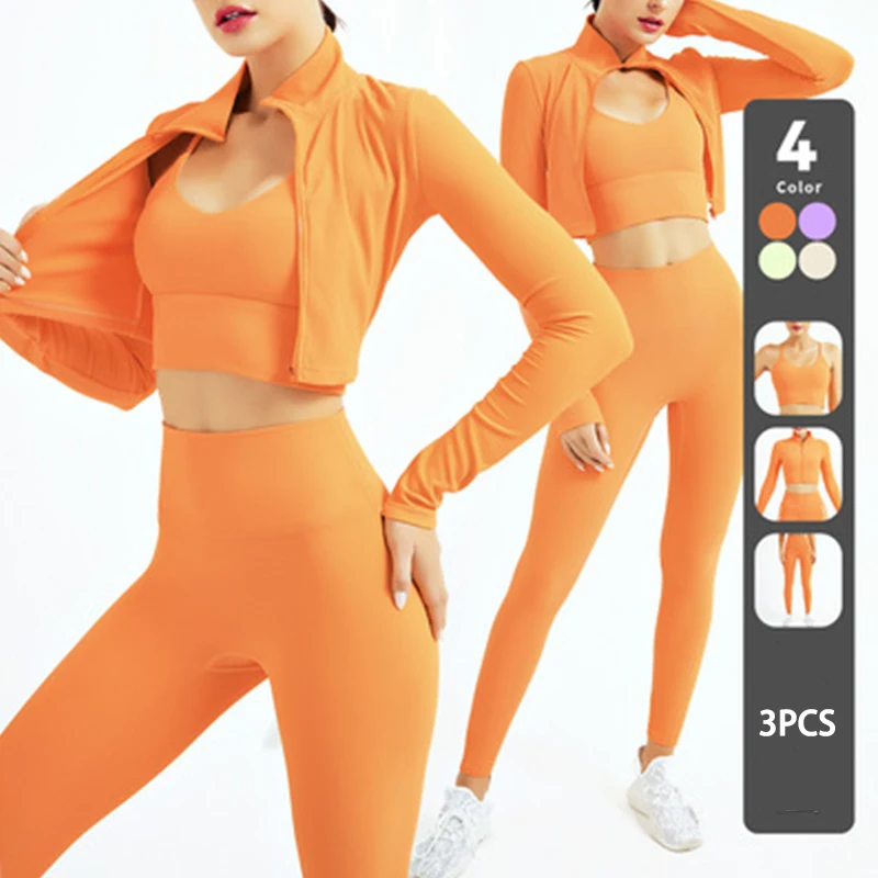 Wholesales 3 pcs gym fitness sets sports bra zip up long sleeve top legging sets for women