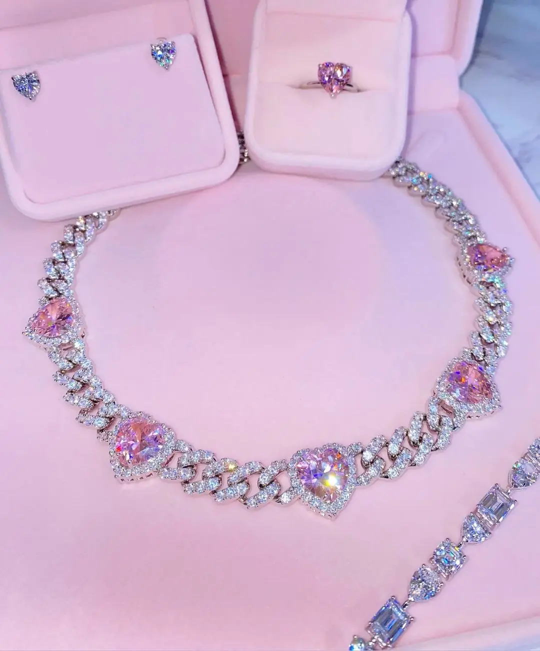 luxury bling women choker iced out cz silver pink heart diamond cuban link necklace