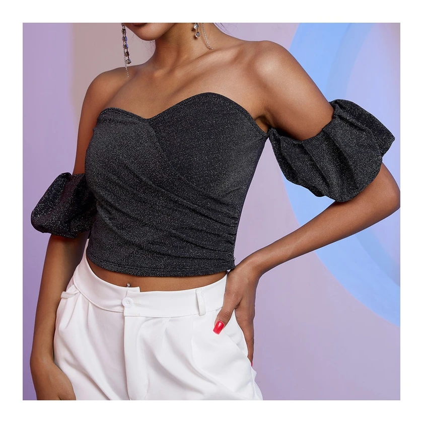 Design Removable Puff Sleeve Lame Crop Top Wholesale Factory Direct Summer Sexy Two-way Wear Crop Top
