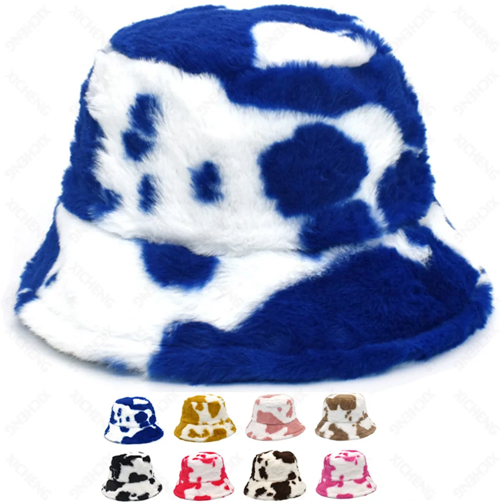 Wholesale Cow Print Pattern Plush Thickened Fluffy Women Warm Winter Bucket Hat With Embroidery Custom Logo Beanie