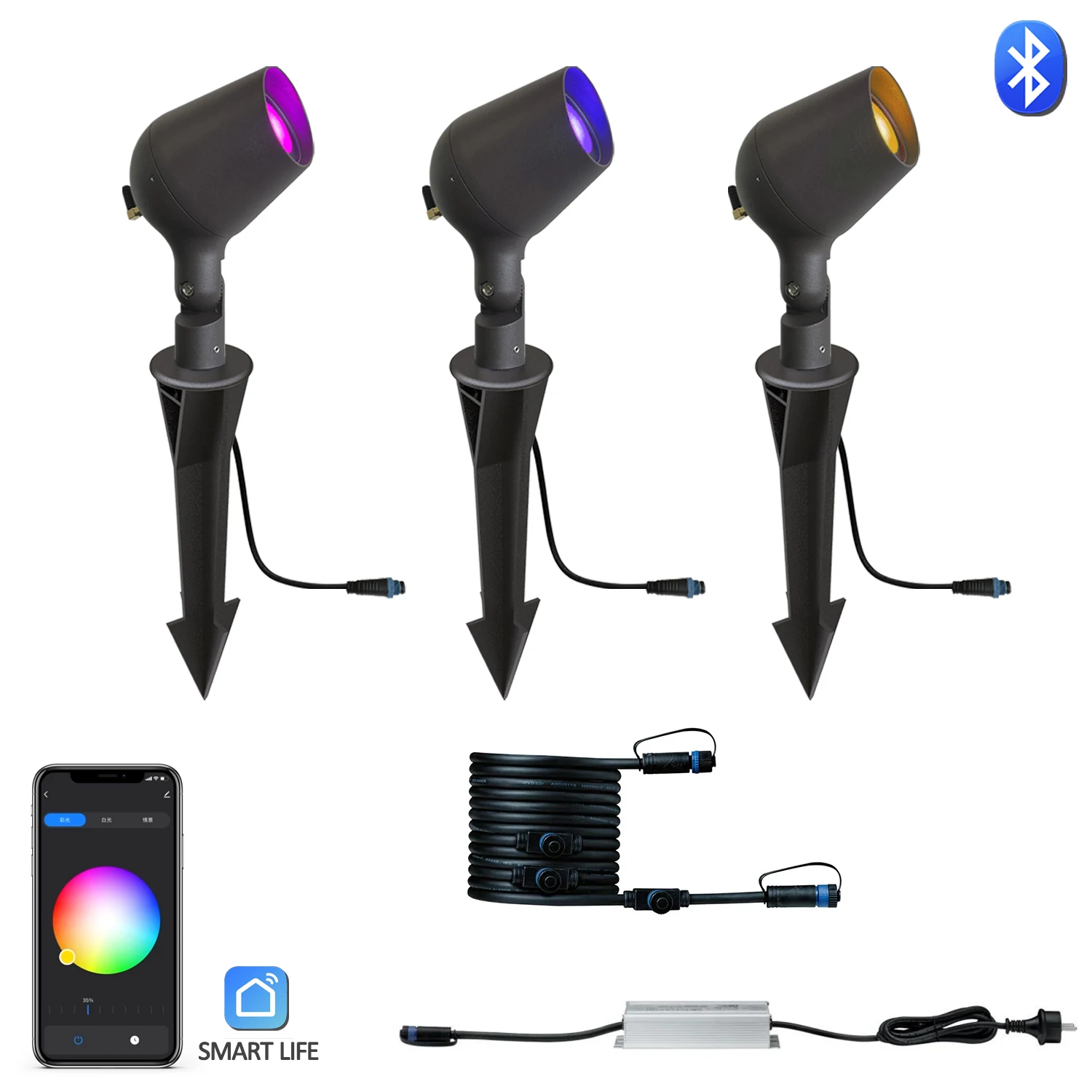 RGBW 12W LED Color-Changing Landscape Lights Smart Bluetooth Garden Lights with Work Wire Connectors Low Voltage DC 12V