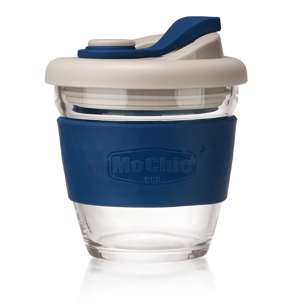 
2021 Mochic 227ml Fashionable transparent travel tumbler with colored silicone mug glass coffee cup 