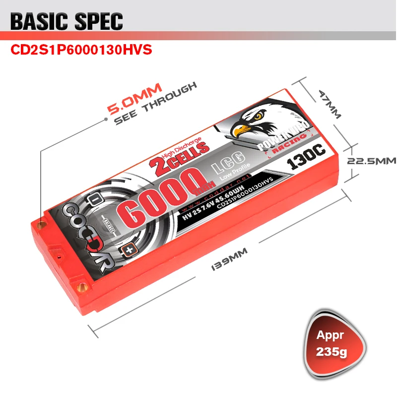 CODDAR 2S 6000MAH HV 7.6V 130C 5mm Bullet Hard Case Ultra LCG 22.5mm Thickness RC LiPo Battery for 1/10 RC Car