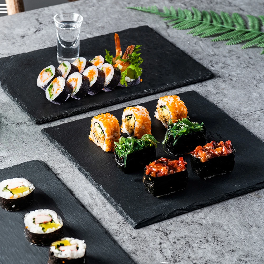 Rectangle Black Rock Plate Slab Round Natural Slate Dinner Plates Pasta Sushi Food Photography Props Serving Tray Cake Dishes pl