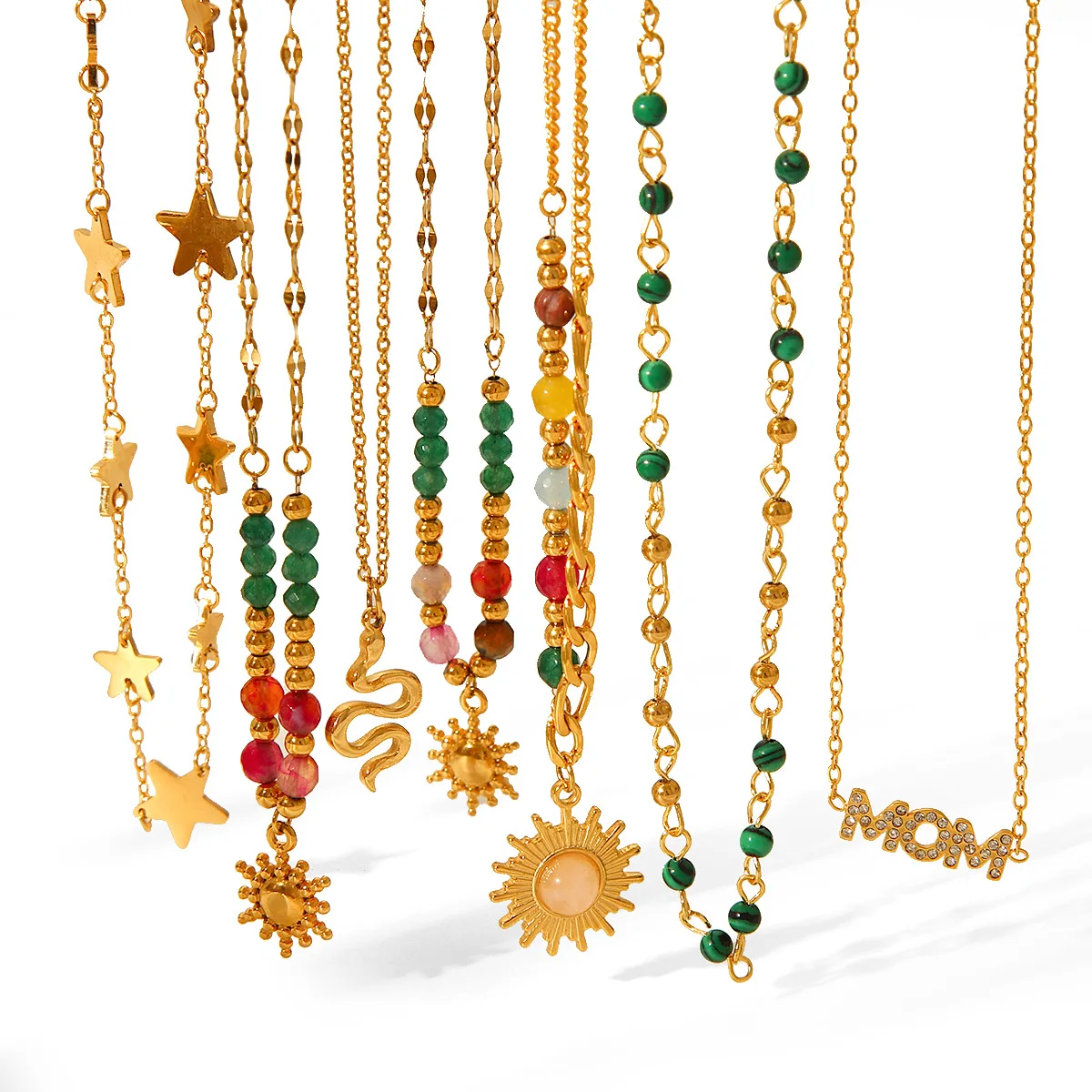 Natural Stone Pink Green Gemstone 18k Gold Plated Sun Star Pendant Necklace Stainless Steel Waterproof Zircon Mom Necklace