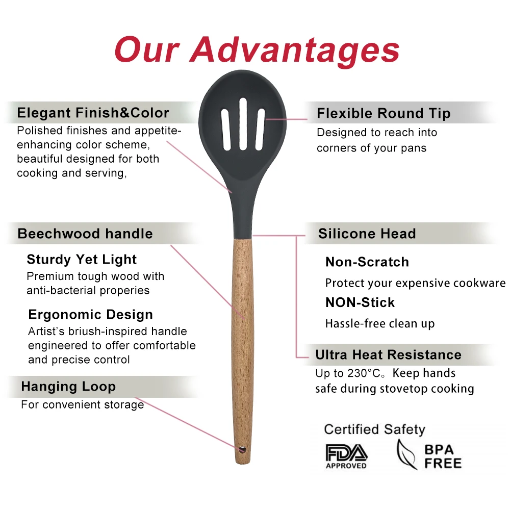 Silicone Cooking Utensil Sets Eco-friendly 10 Pieces Wooden Handles Cooking Tool Silicone Kitchen Utensil Set