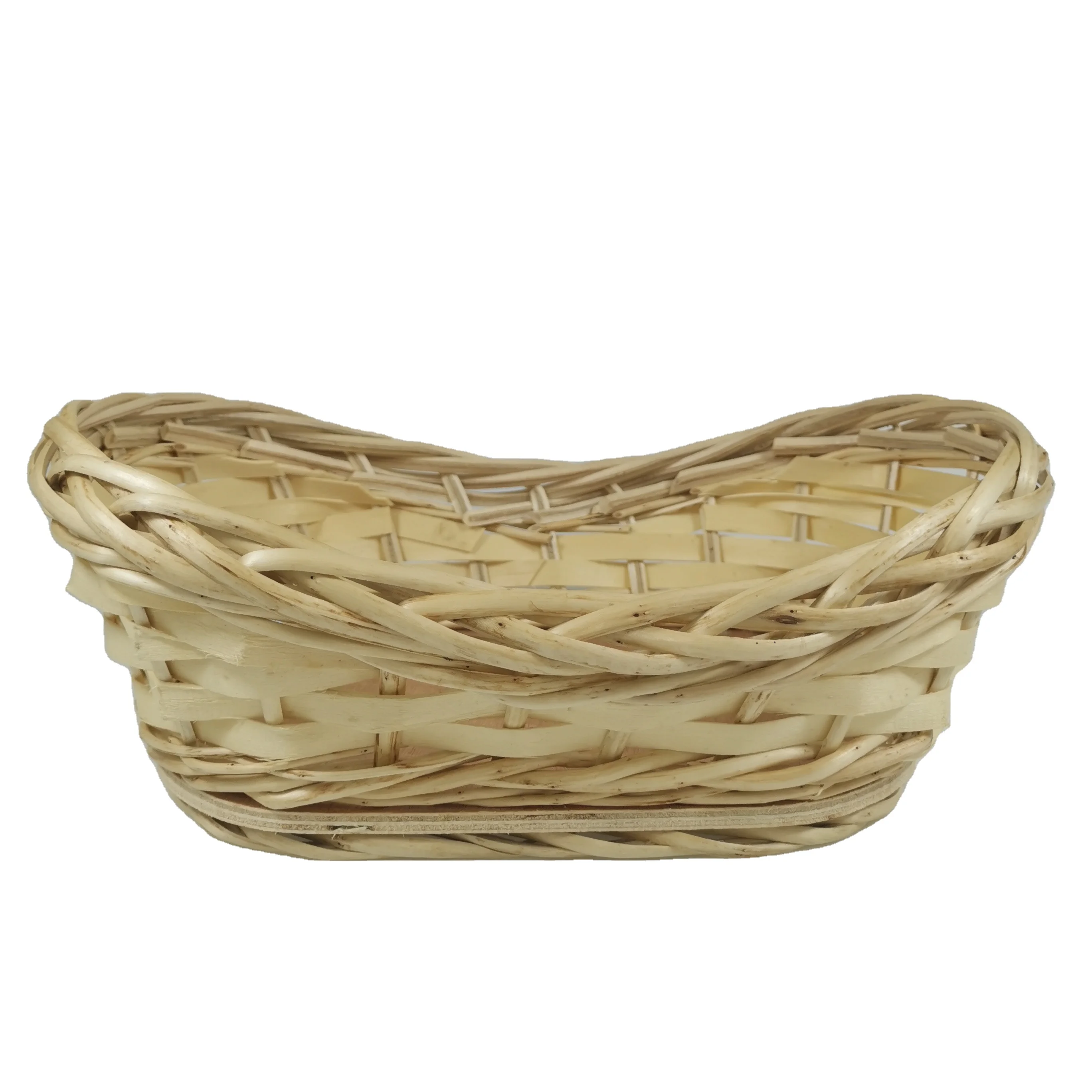 China Manufacturer Boat  Shape Willow Material Wicker Fruit Basket with Wood Base