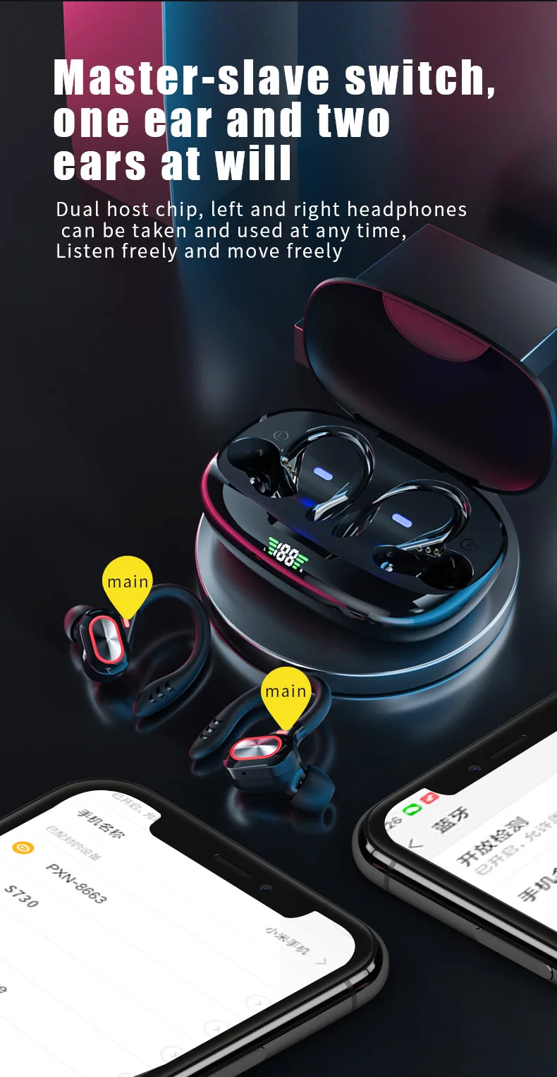 S730 Bluetooth 5.0 Headset TWS Wireless Earbuds Earphones HD Stereo Surround Sound Headphones Ear Hook Touch Control hearing aid