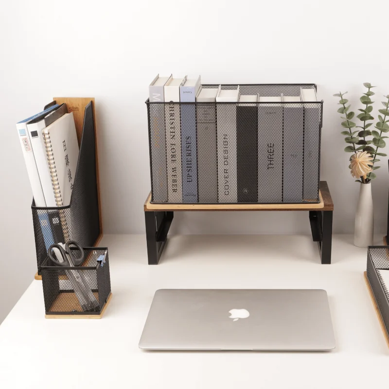 office organizer Wood Base Metal Mesh Pen Holder pencil hold Wooden base high-end storage box desk organizer