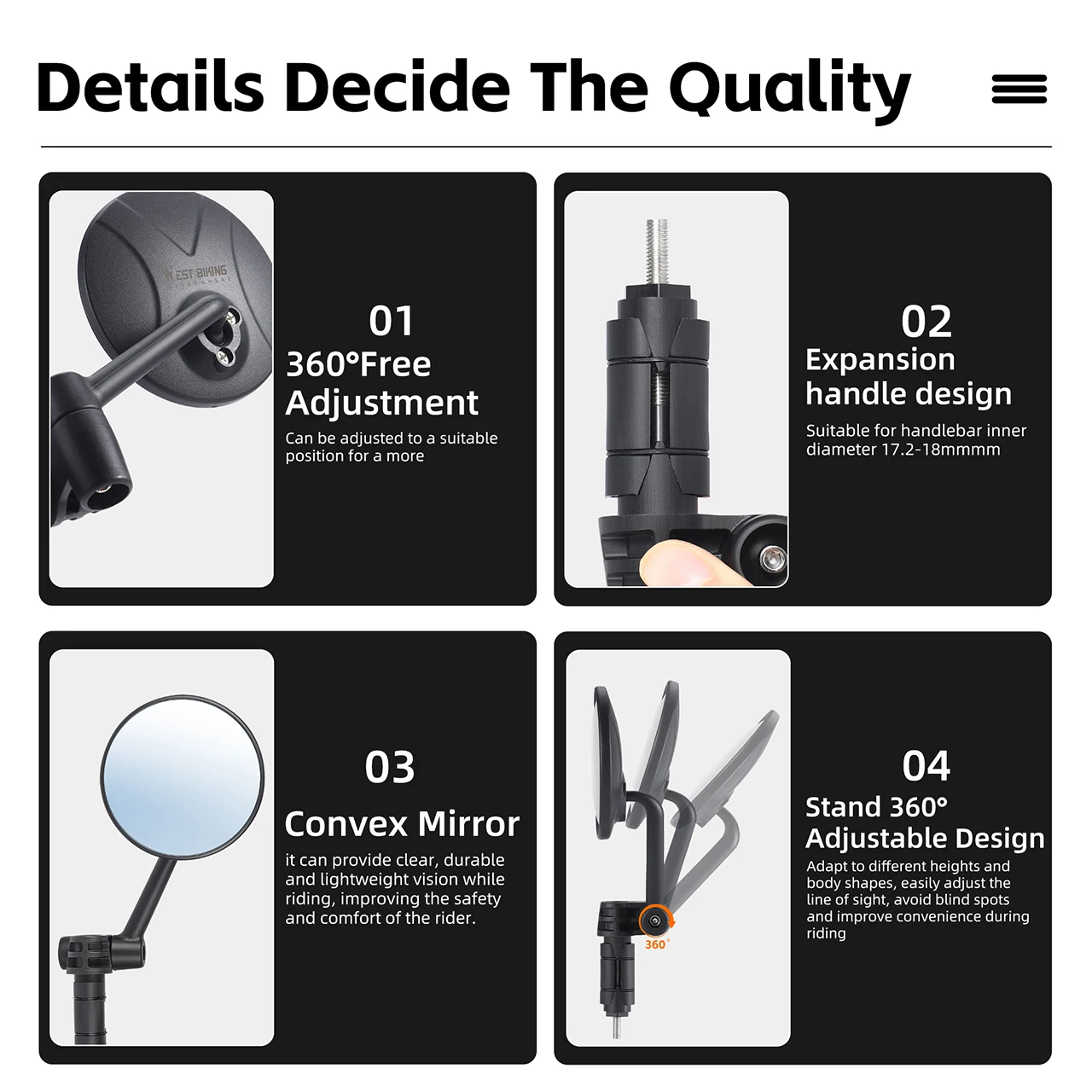 WEST BIKING Multi-angle Free Adjustment Bike Mirror Side Rearview Mirror BikeBicycle Safe Rearview Mirror