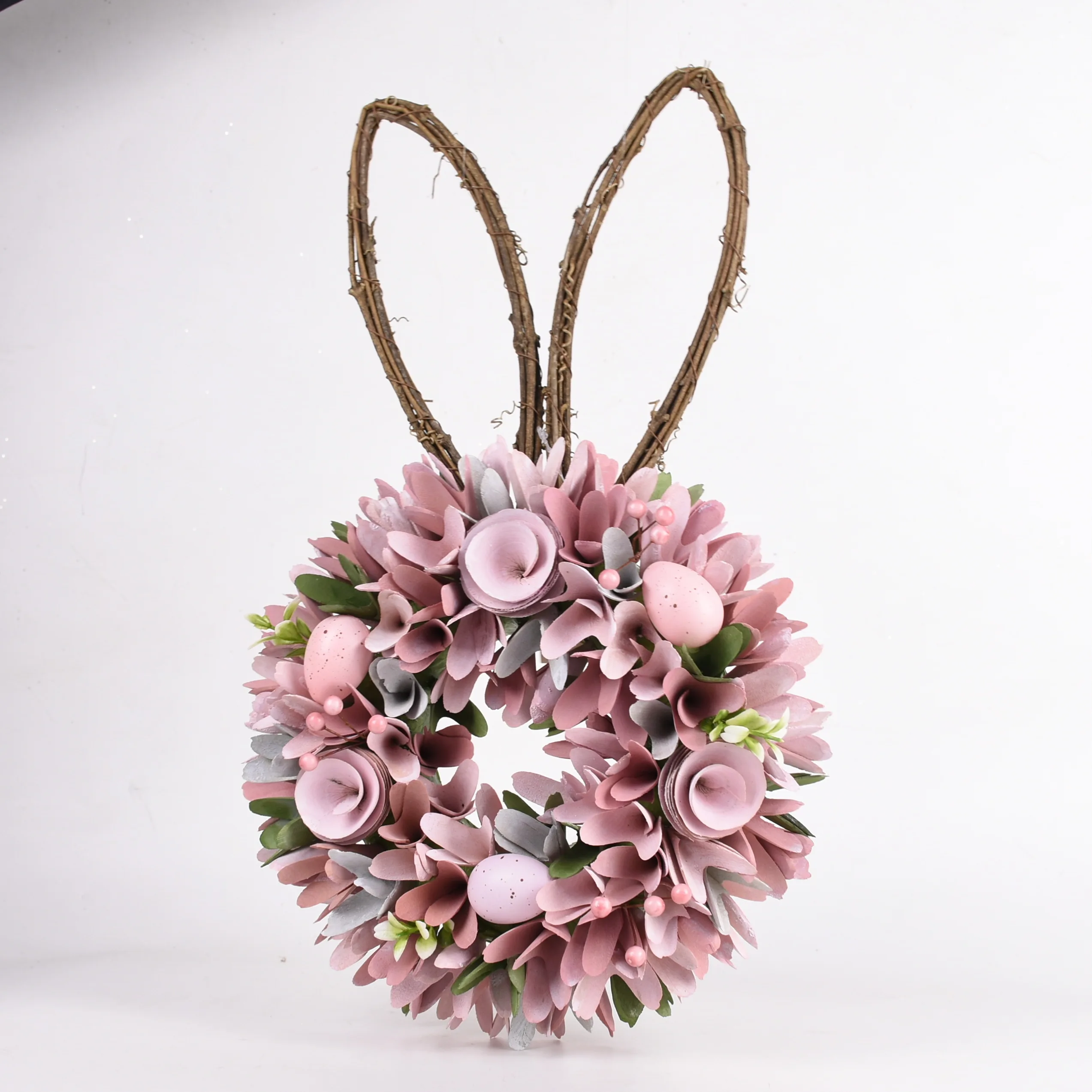 GY BSCI Easter Decoration Supplier Spring Wooden Curl Rabbit Easter Bunny Wreath Decoration