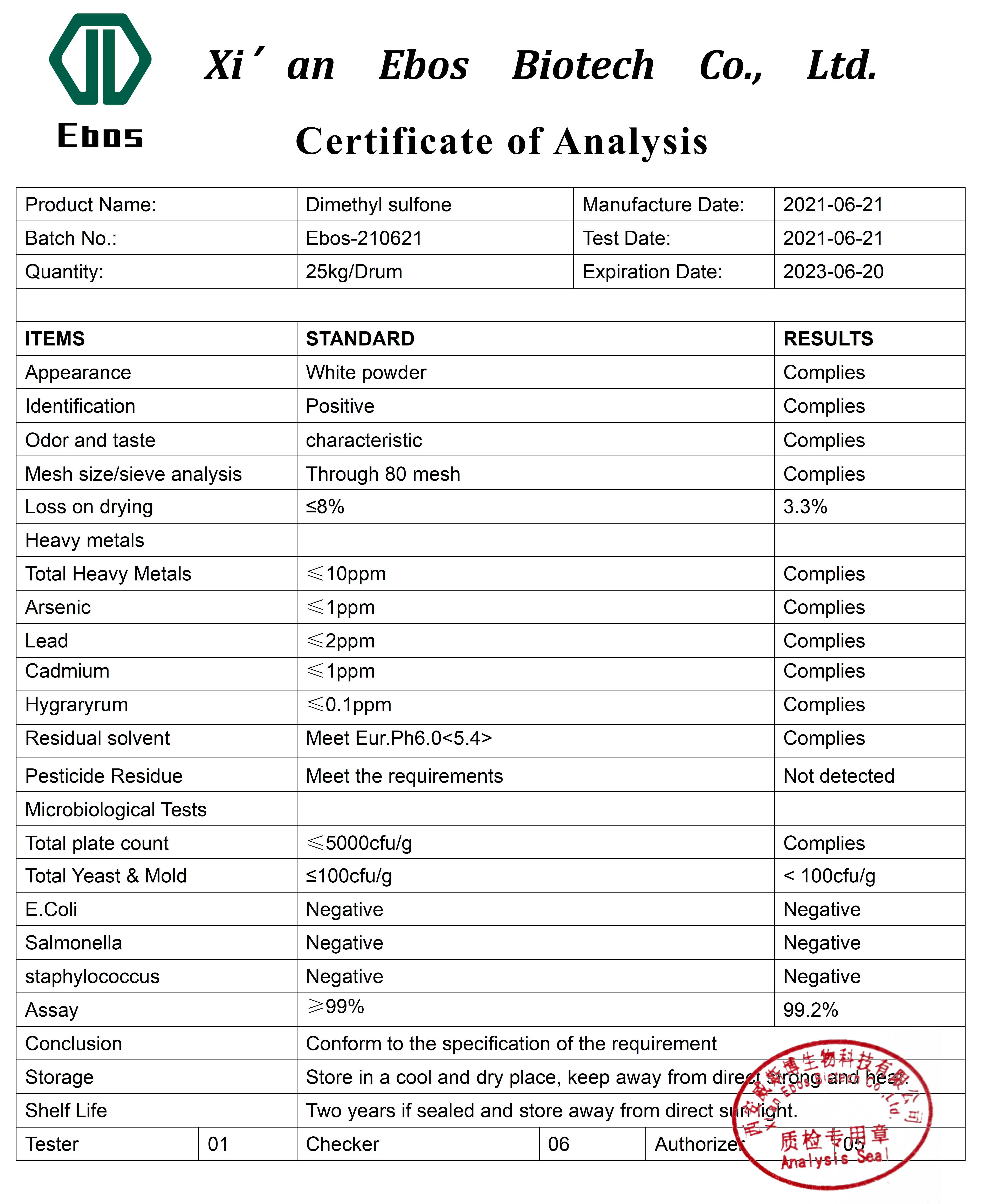  Натуральный чистый диметилсульфон 99% CAS 67-71-0 порошок