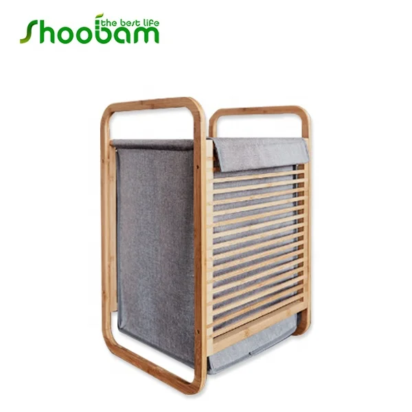 Removable Sliding Bags Wooden Laundry Organizer Cabinet Bamboo Laundry Hamper